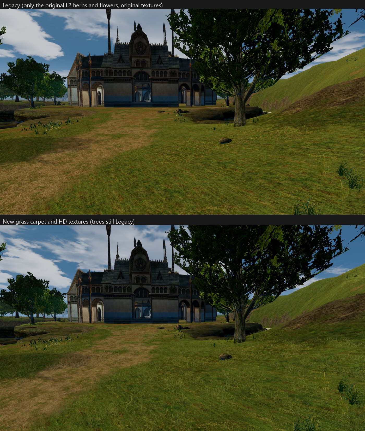Grass, Legacy and New. The trees stay Legacy in both, so only the grass and the textures change.