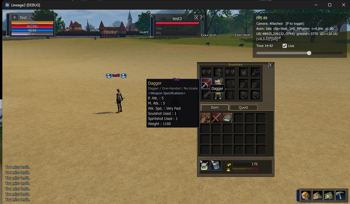 The inventory open with a dagger tooltip, next to my character and a target window