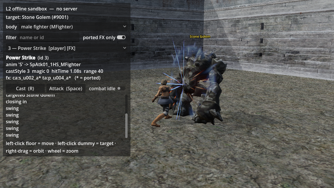 Power Strike hitting the stone golem in the skill test bench