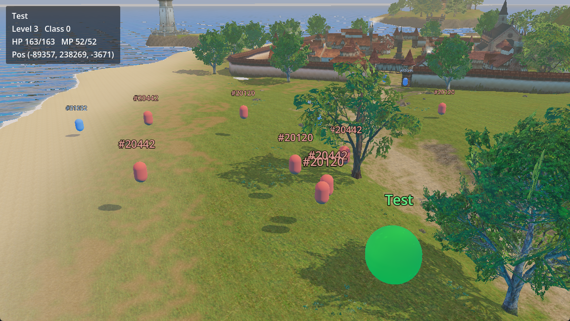 My character (the green ball) and the server's NPCs (the capsules) around the starting spot