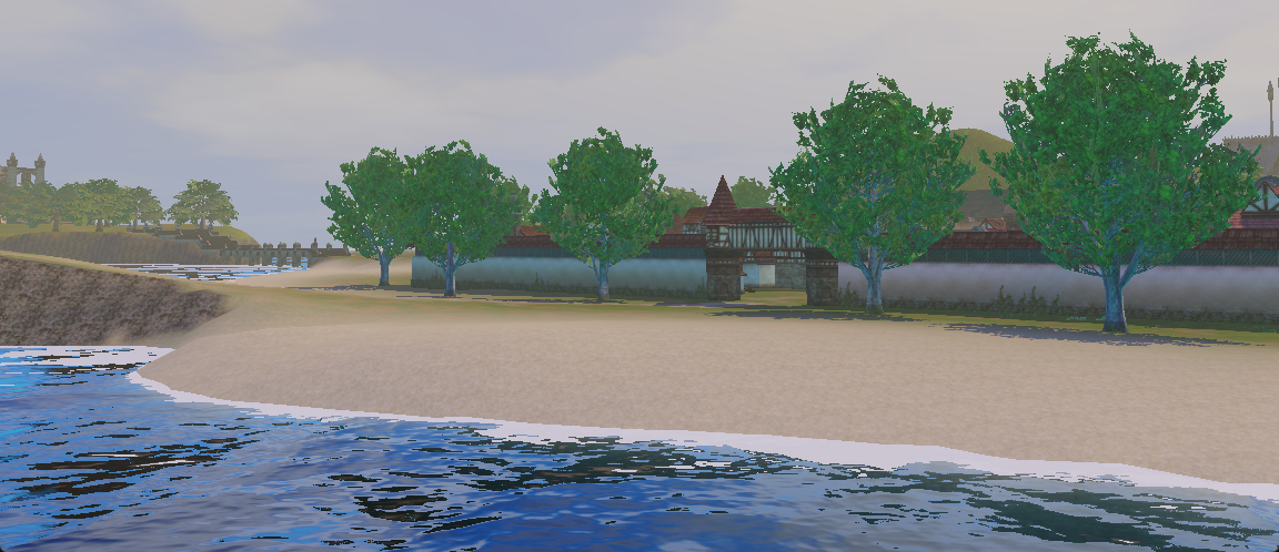 The Talking Island coast rebuilt in Godot 4, with water, sky, trees and the village wall