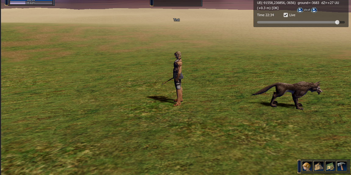 My character next to a real wolf, with the game UI