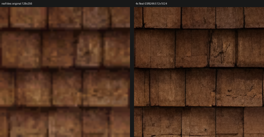 Roof tiles, original vs 4x upscale