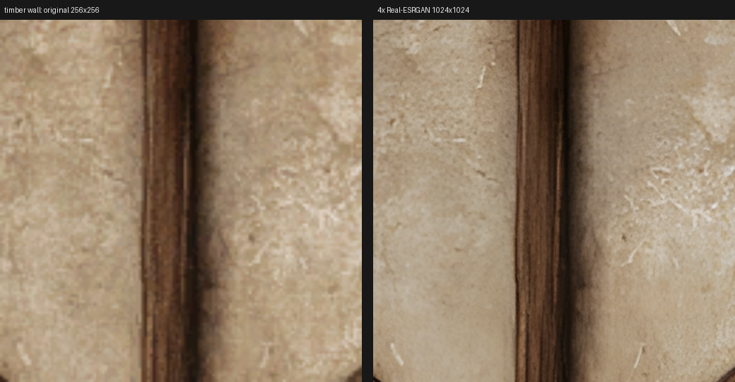 Timber wall, original vs 4x upscale