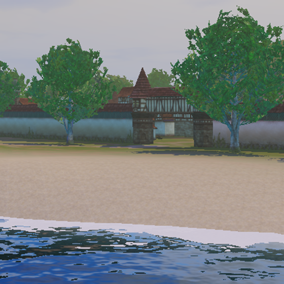 Buildings, trees, water and sky
