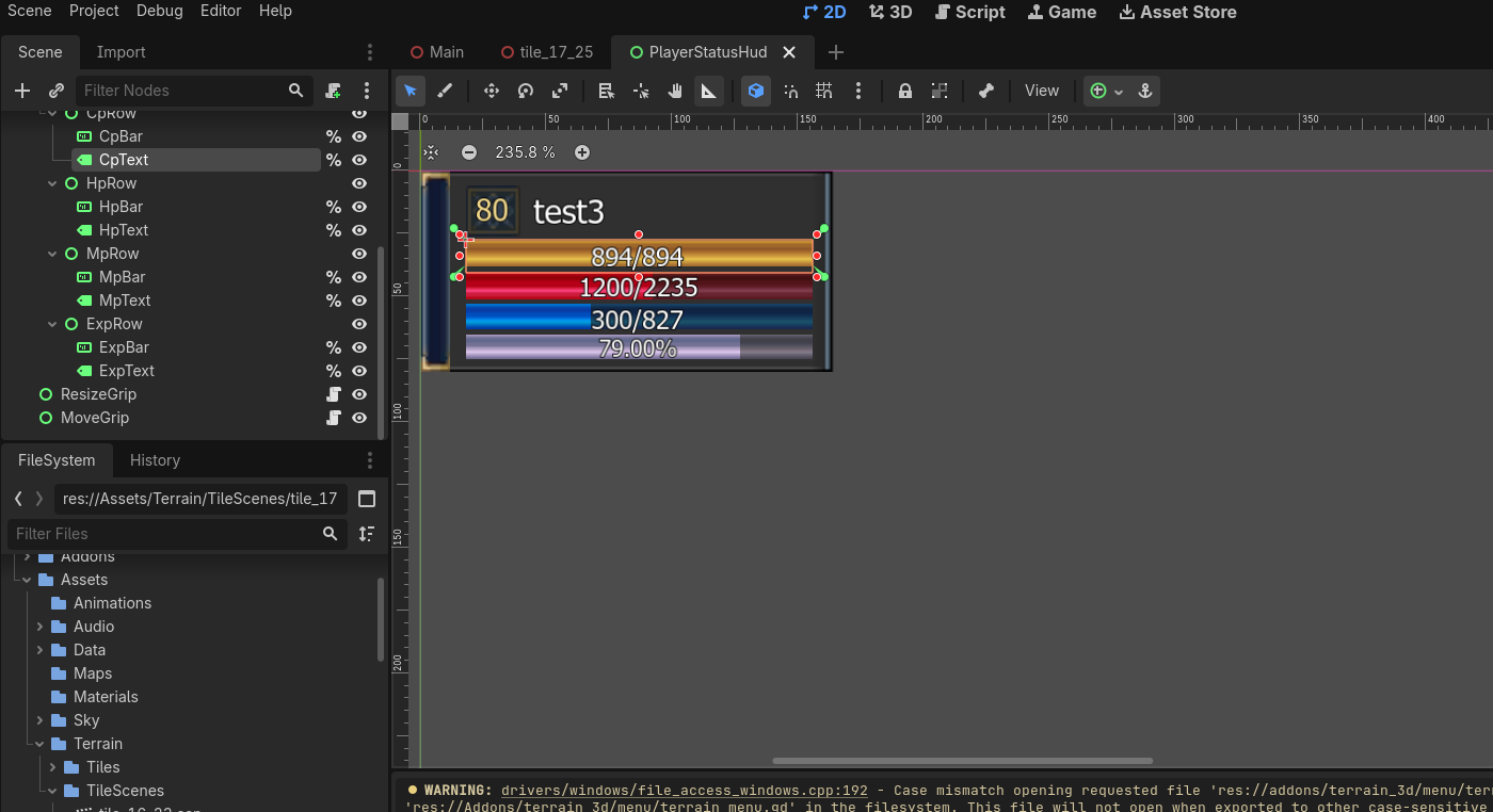 The player status window rebuilt with the original L2 art, open as an editable scene in Godot