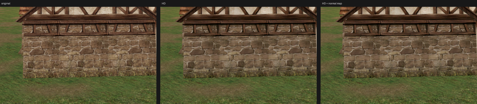 House wall: original, HD, HD with a normal map